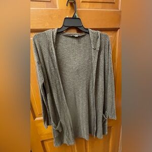 Women's AE ribbed cardigan with hood and pockets.